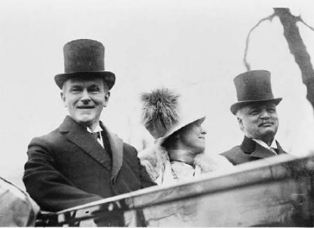 President Coolidge; his wife Mrs. Grace Coolidge; and Sen. Charles Curtis (R-Kan.)